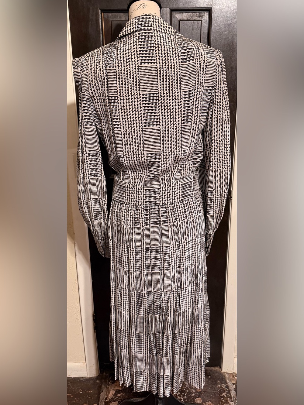 VTG 80s Adele Simpson New York 100% Silk Micro Houndstooth Plaid Dress M - Picture 3 of 4